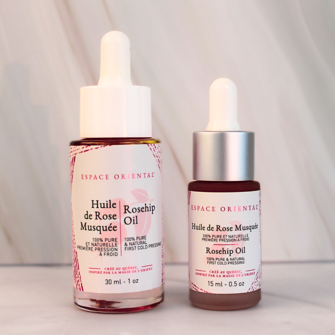 Huile de rose musquée en formats 15ml et 30ml, idéale pour une routine de soin adaptée à tous les besoins de la peau.